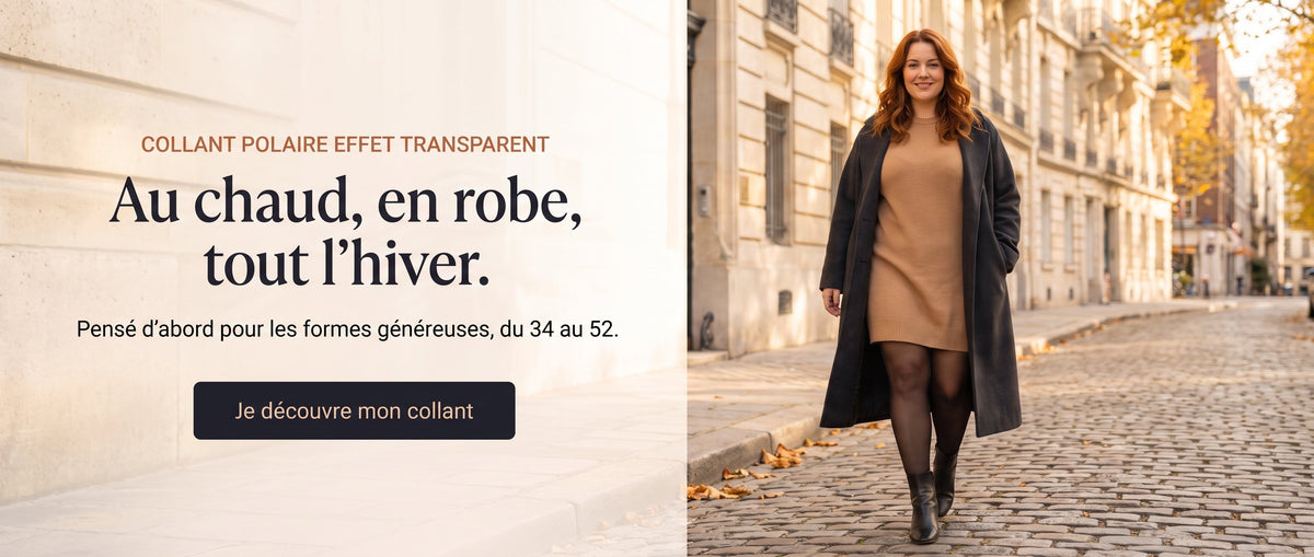 Au chaud, en robe, tout l'hiver : femme grande taille en robe pull et collant polaire effet transparent noir dans une rue de Paris