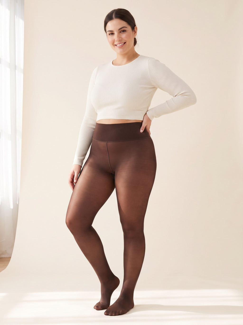 Collant polaire effet transparent chocolat porté par une femme grande taille, vue de face