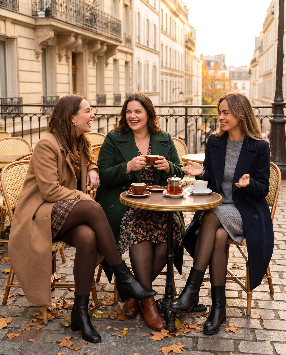 Trois amies de morphologies différentes en jupe et collant polaire effet transparent en terrasse à Paris