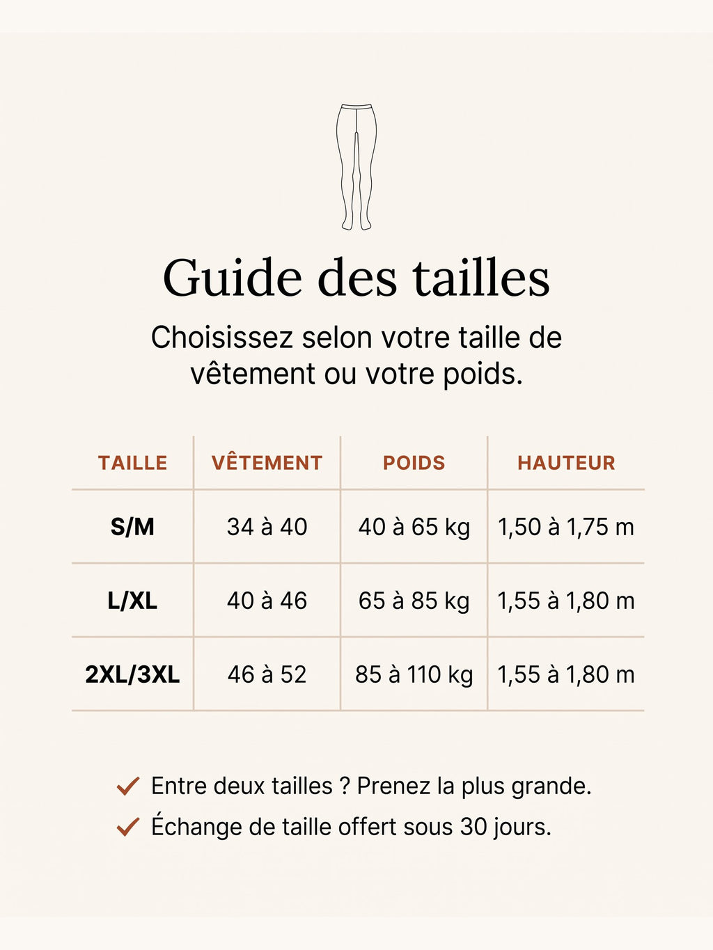 Guide des tailles du collant polaire : S/M du 34 au 40, L/XL du 40 au 46, 2XL/3XL du 46 au 52
