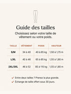 Guide des tailles du collant polaire : S/M du 34 au 40, L/XL du 40 au 46, 2XL/3XL du 46 au 52