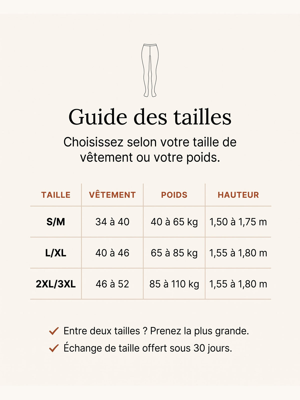 Guide des tailles du collant polaire : S/M du 34 au 40, L/XL du 40 au 46, 2XL/3XL du 46 au 52