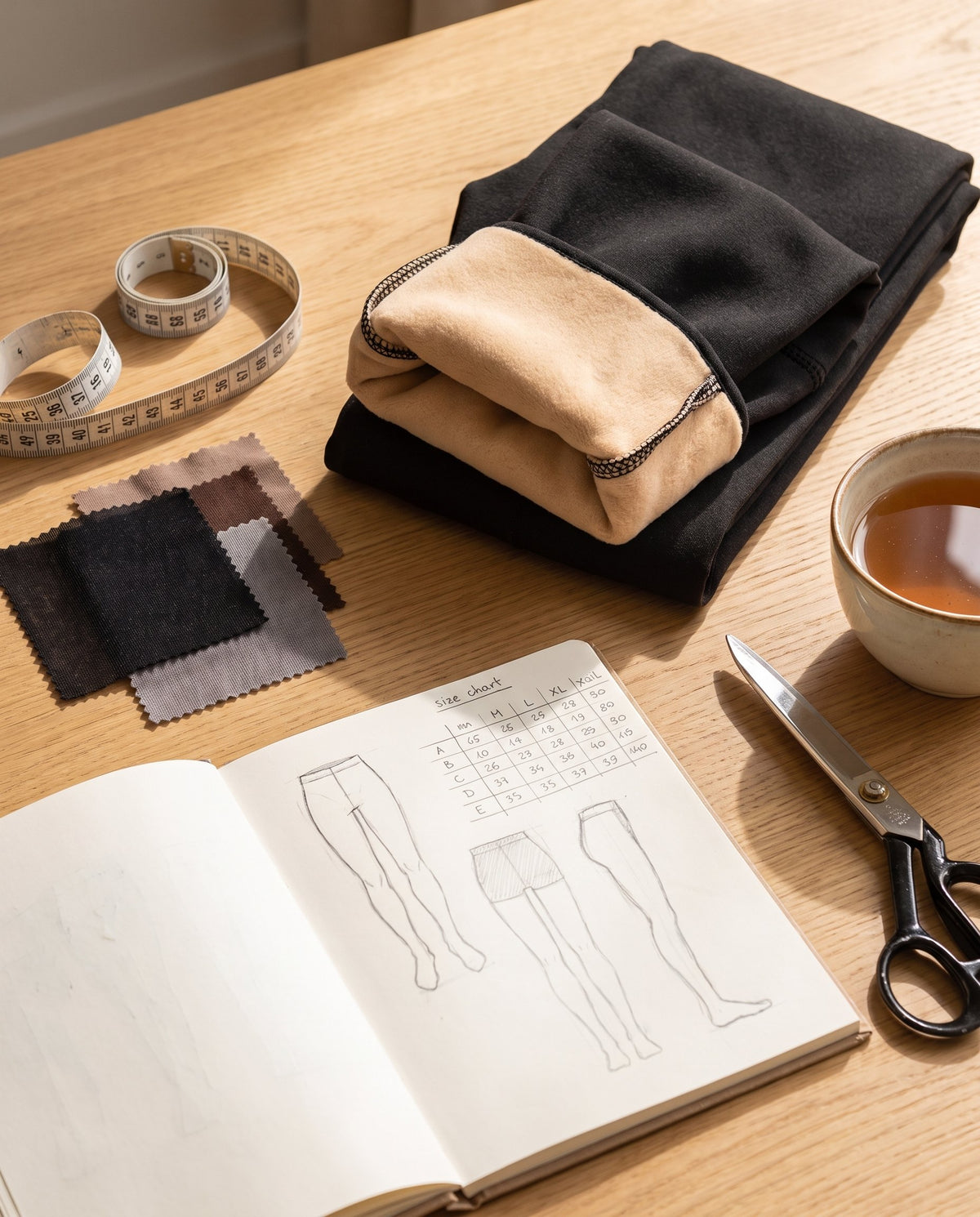 Table de travail Louise Arlette : collant polaire, mètre ruban, échantillons de maille et croquis